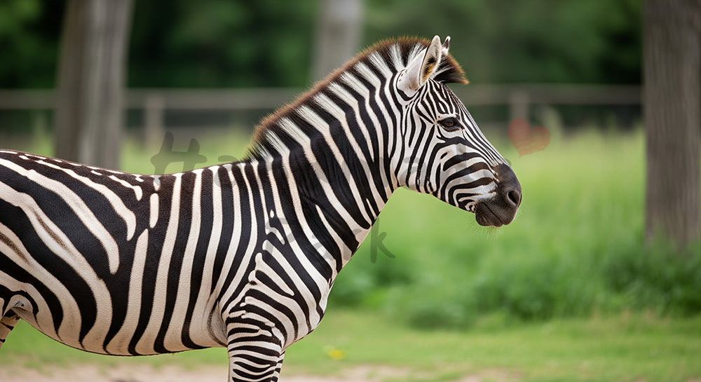 フリー素材 無料 写真｜図鑑風デザインがある動物園のシマウマの縞模様が映える横向きショット｜トップページのビジュアルに