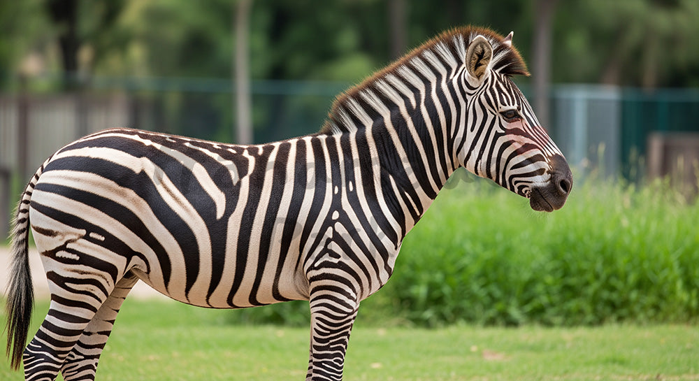 フリー素材 無料 写真｜動物園のシマウマの縞模様が映える横向きショット｜図鑑風デザインを添えたサムネイル作成に便利
