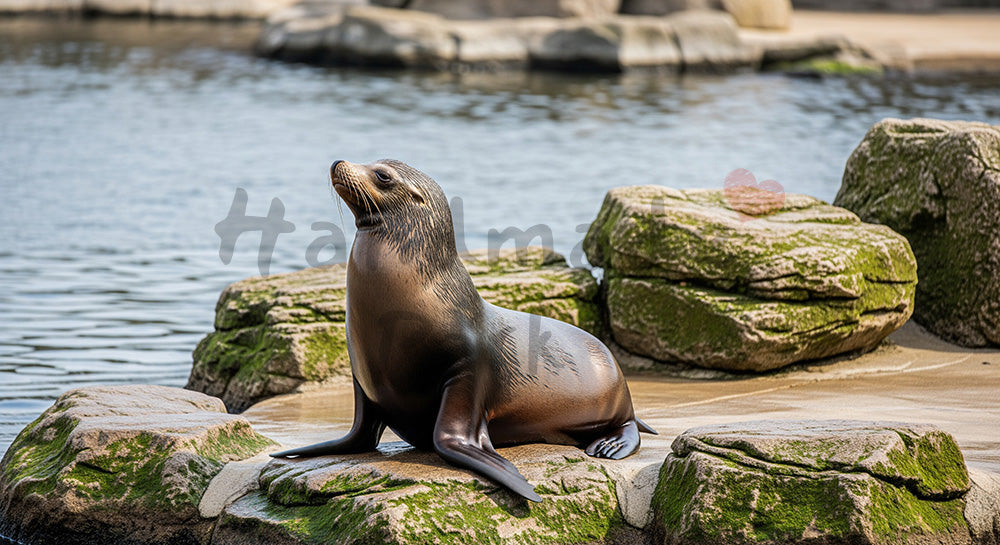 フリー素材 無料 写真｜やわらかな自然光の動物園のアシカが岩場で休む穏やかな瞬間｜資料スライドの背景に便利