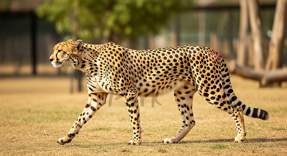 フリー素材 無料 写真｜広告デザインがある動物園のチーターのしなやかな体つき｜SNS投稿の背景におすすめ