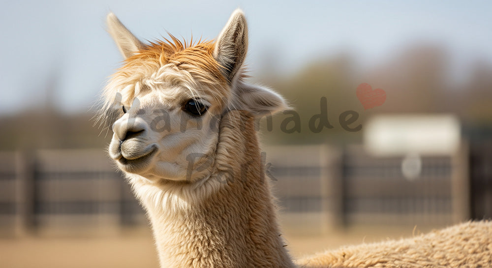 フリー素材 無料 写真｜販促デザインがある動物園のアルパカのふわふわポートレート｜サムネイル作成に便利