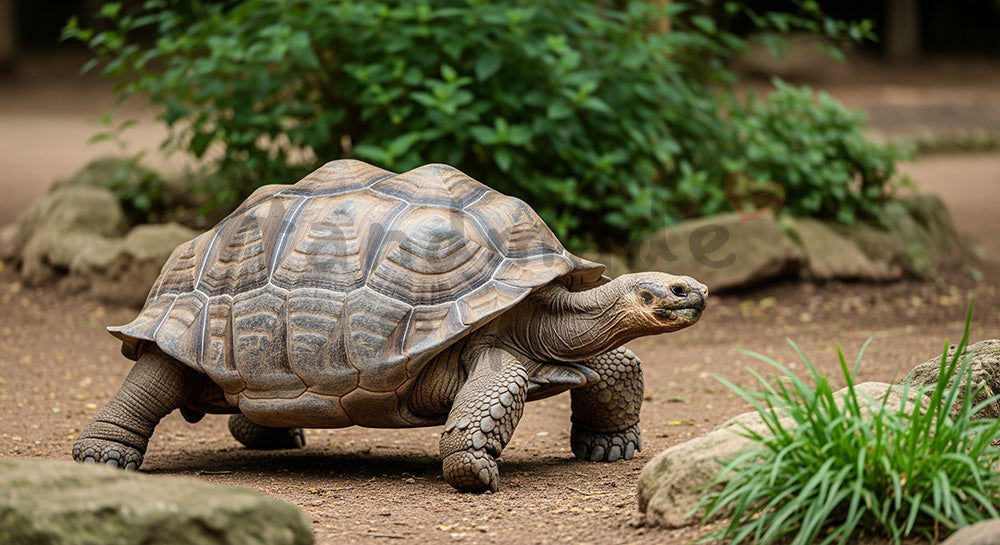 フリー素材 無料 写真｜バナー背景に合わせやすいに使える動物園のゾウガメがゆっくり歩く落ち着いた写真