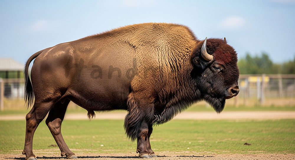 フリー素材 無料 写真｜コピースペースを活かせるに使える動物園のアメリカバイソンの重厚な迫力