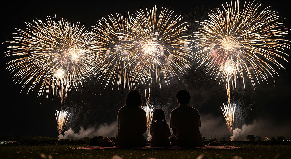 フリー素材 無料 写真｜花火を眺める日本人家族のピクニック風景 夜空の余白が大きい夏のバナー向け背景 文字入れ向き