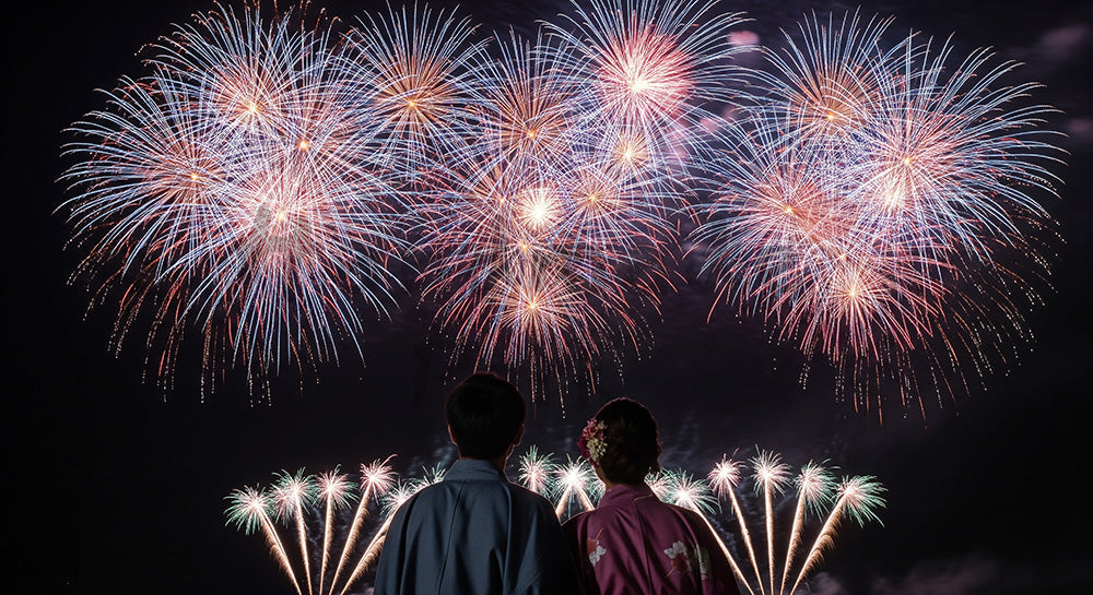 フリー素材 無料 写真｜花火と浴衣風の日本人カップルの後ろ姿 余白が大きい夏らしいロマンチック背景素材