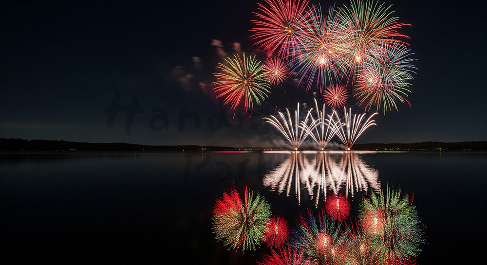 フリー素材 無料 写真｜花火と湖面の鏡反射 余白が広く使えるドラマチックな夜景背景