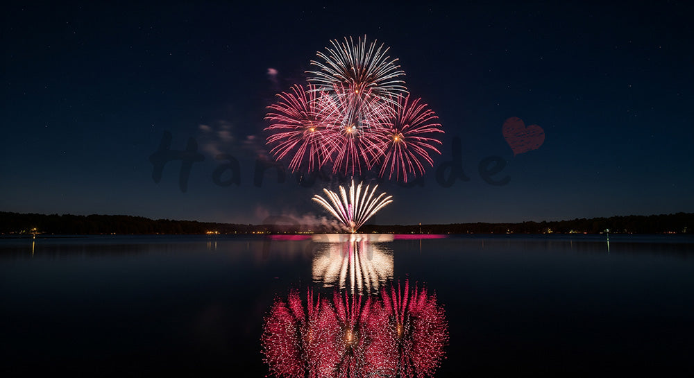 フリー素材 無料 写真｜花火と湖面の鏡反射 余白が広く使える印象的な夜景背景