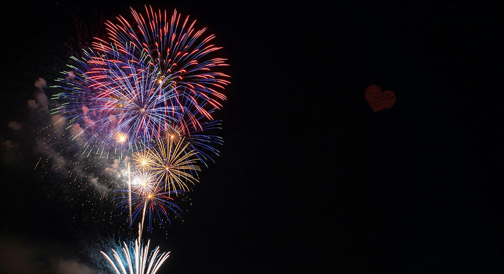 フリー素材 無料 写真｜花火を左に寄せた夜空背景 右側に文字入れしやすい余白で文字入れしやすい素材