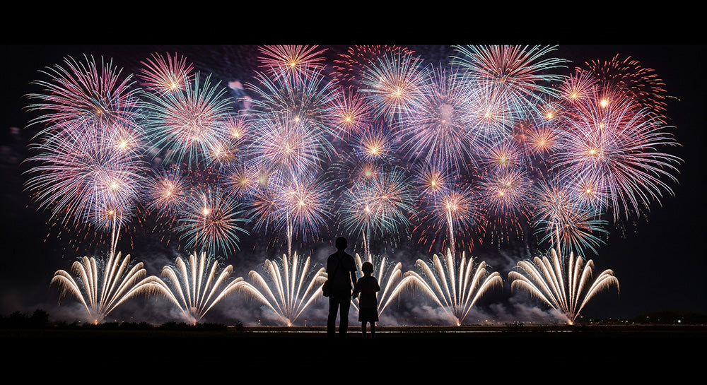 フリー素材 無料 写真｜花火と日本人親子シルエット きらめく夜空に余白があるファミリー向け背景素材 文字入れ向き