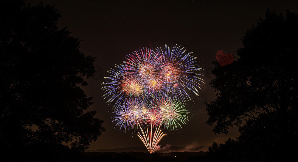 フリー素材 無料 写真｜花火を囲む木のシルエットフレーム 中央余白が広い夜空の背景素材 文字入れ向き