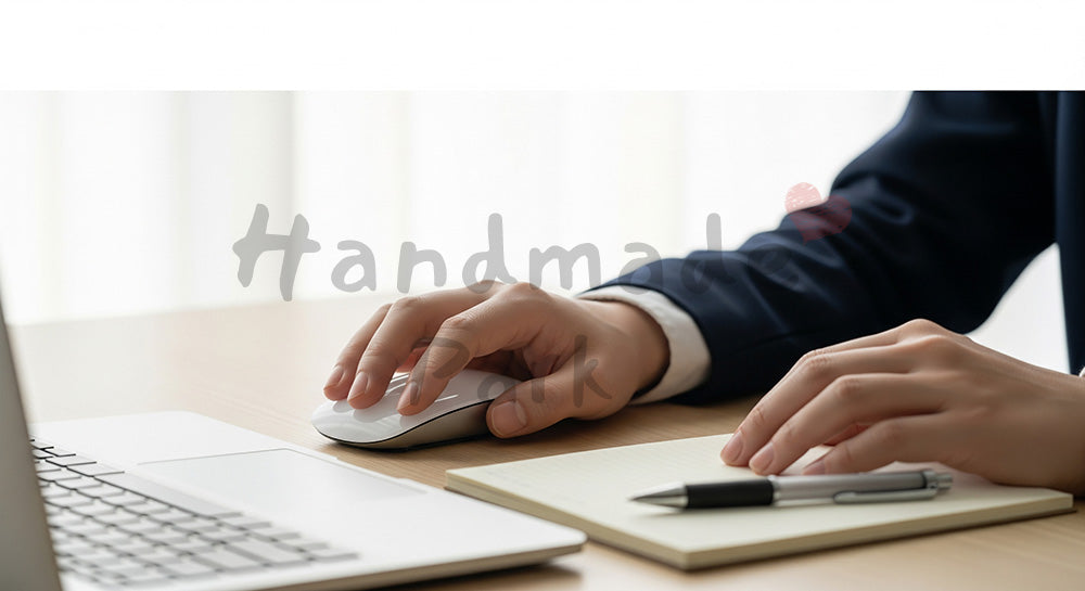 フリー素材 無料 写真｜日本人の手元 マウス操作とデスクワーク 余白｜商品ページの挿し絵に便利な余白背景