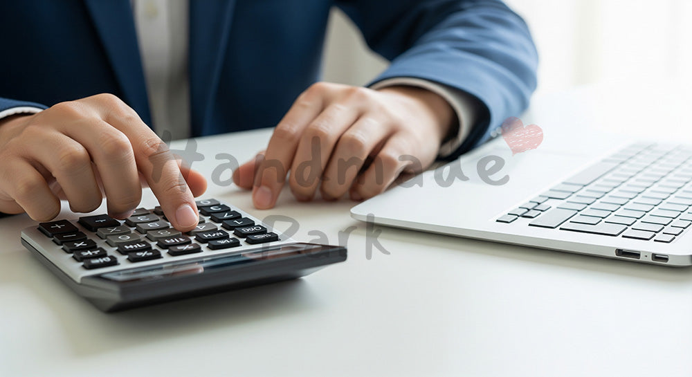 フリー素材 無料 写真｜日本人の手元 電卓とPC作業 余白あり｜商品ページの挿し絵に便利な余白背景