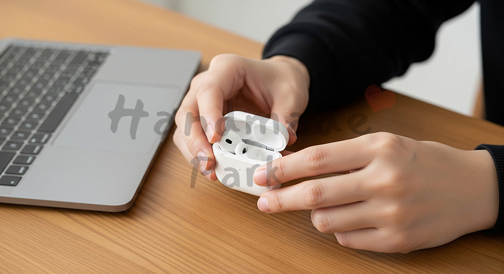 フリー素材 無料 写真｜日本人の手元 会議準備 イヤホンとPC 余白｜作品紹介・告知に使える写真素材