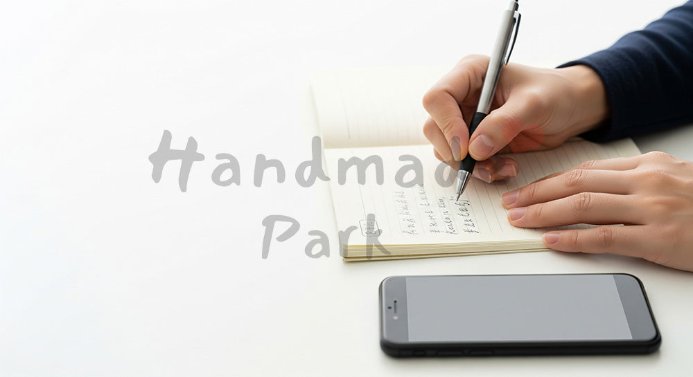 フリー素材 無料 写真|日本人の手元 メモ書きとスマホ 余白あり|作品紹介・告知に使える写真素材