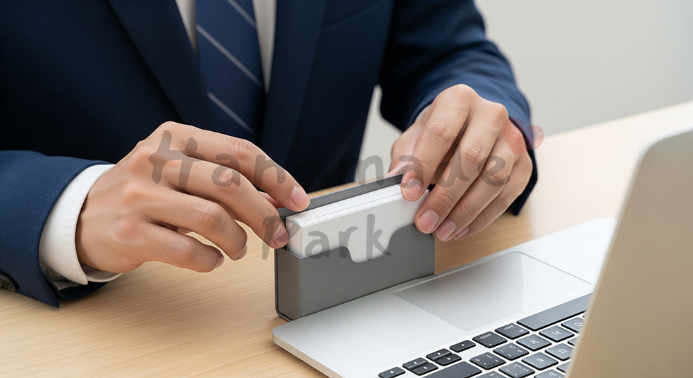 フリー素材 無料 写真|日本人の手元 名刺準備 ビジネスシーン 余白|ブログやコラムの差し込みに使いやすい