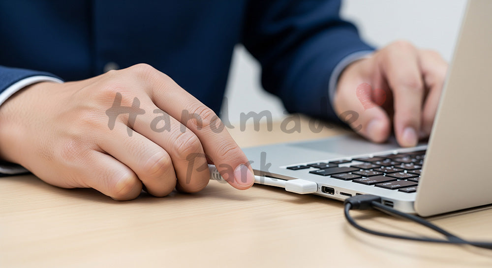 フリー素材 無料 写真｜日本人の手元 PC接続 作業準備シーン 余白｜作品紹介・告知に使える写真素材