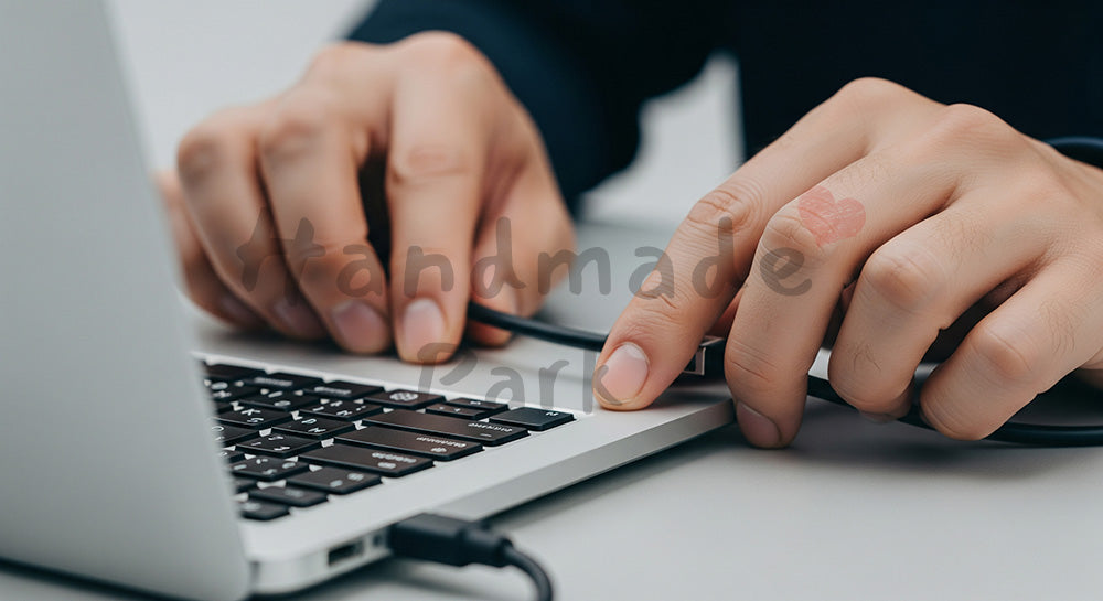 フリー素材 無料 写真｜日本人の手元 PC接続 作業準備シーン 余白｜商品ページの挿し絵に便利な余白背景