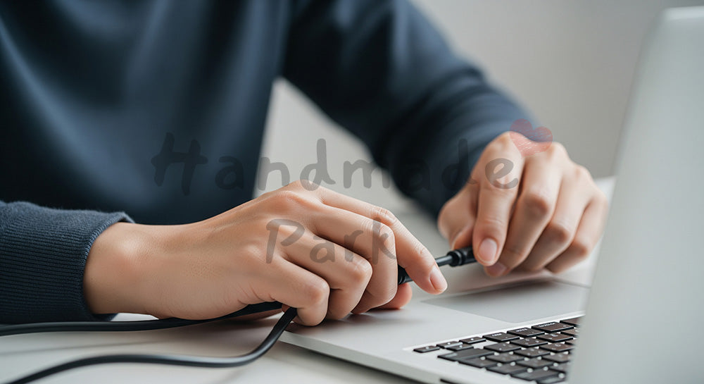 フリー素材 無料 写真｜日本人の手元 PC接続 作業準備シーン 余白｜SNS投稿・バナー向けイメージ写真