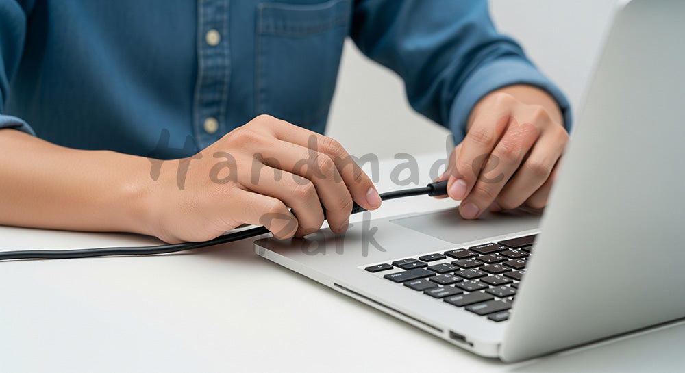 フリー素材 無料 写真｜日本人の手元 PC接続 作業準備シーン 余白｜ブログやコラムの差し込みに使いやすい