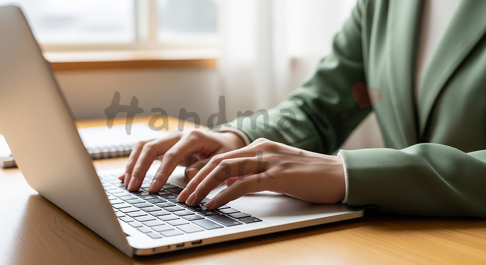 フリー素材 無料 写真｜20代日本人女性の手元 ノートPCタイピング 窓辺の光｜商品ページの挿し絵に便利な余白背景