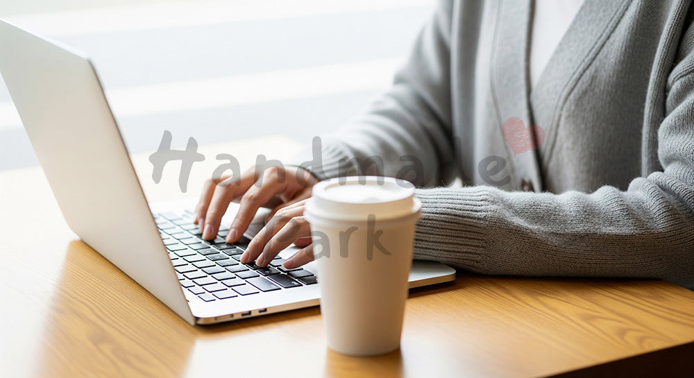 フリー素材 無料 写真|20代日本人女性の手元 カフェでPC作業 余白|ブログやコラムの差し込みに使いやすい