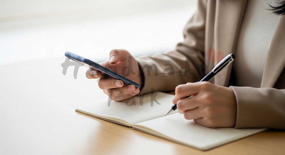 フリー素材 無料 写真｜20代日本人女性の手元 スマホ確認とメモ 余白｜商品ページの挿し絵に便利な余白背景