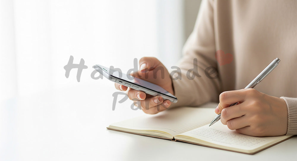 フリー素材 無料 写真｜20代日本人女性の手元 スマホ確認とメモ 余白｜SNS投稿・バナー向けイメージ写真