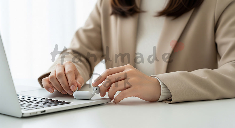 フリー素材 無料 写真|20代日本人女性の手元 会議準備 イヤホンとPC|作品紹介・告知に使える写真素材