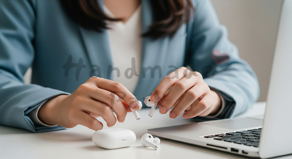 フリー素材 無料 写真｜20代日本人女性の手元 会議準備 イヤホンとPC｜商品ページの挿し絵に便利な余白背景