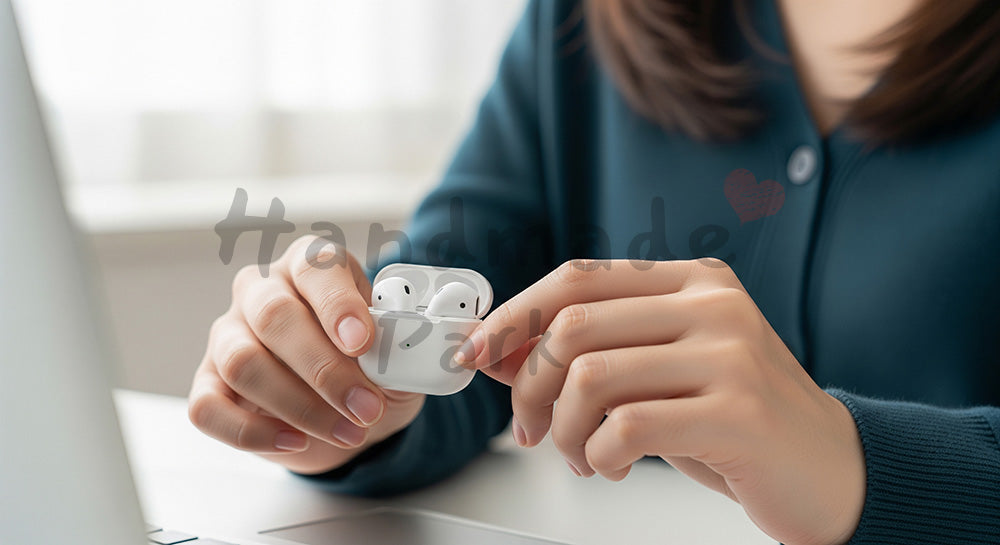 フリー素材 無料 写真｜20代日本人女性の手元 会議準備 イヤホンとPC｜SNS投稿・バナー向けイメージ写真