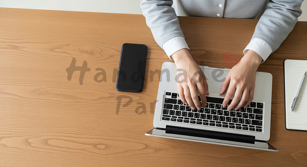 フリー素材 無料 写真｜20代日本人女性の手元 俯瞰デスクセット タイピング｜商品ページの挿し絵に便利な余白背景