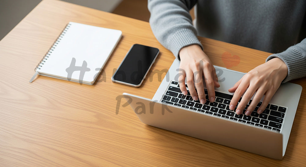 フリー素材 無料 写真｜20代日本人女性の手元 俯瞰デスクセット タイピング｜SNS投稿・バナー向けイメージ写真