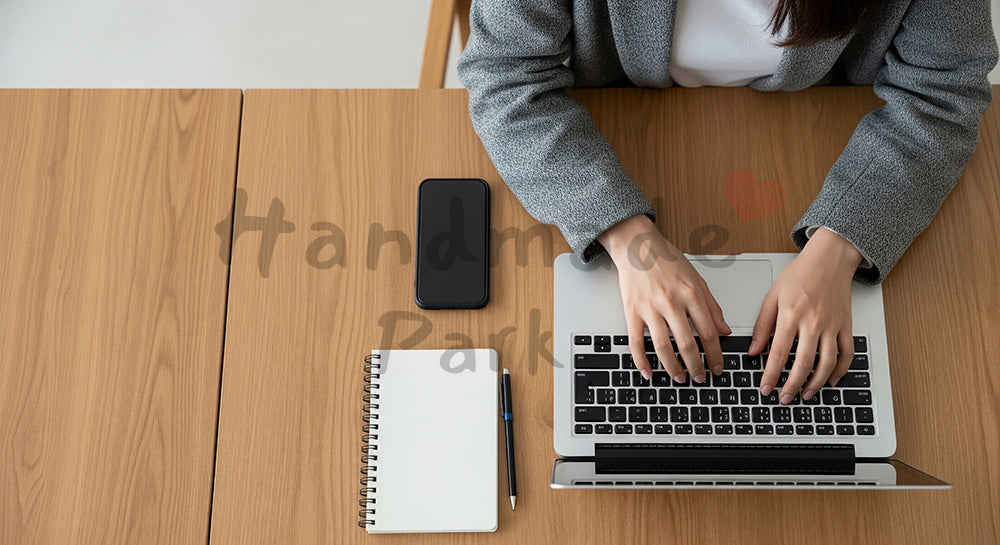 フリー素材 無料 写真｜20代日本人女性の手元 俯瞰デスクセット タイピング｜ブログやコラムの差し込みに使いやすい