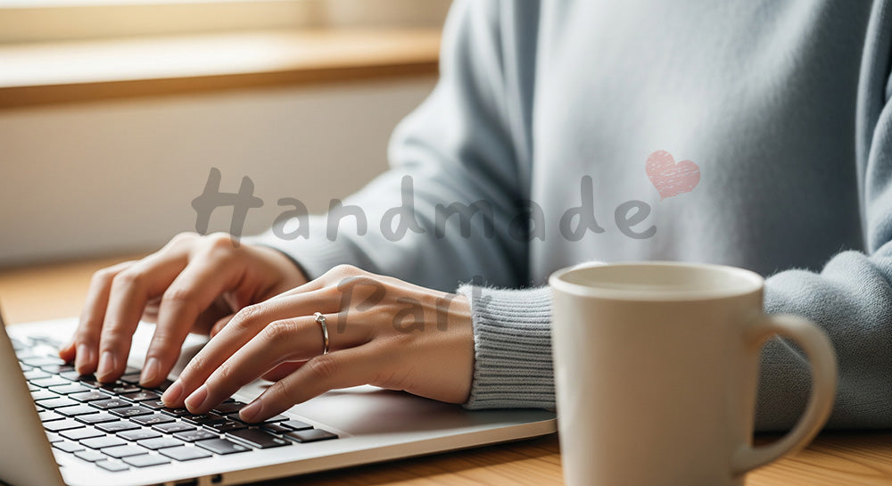 フリー素材 無料 写真|20代日本人女性の手元 マグカップとPC作業 余白|SNS投稿・バナー向けイメージ写真