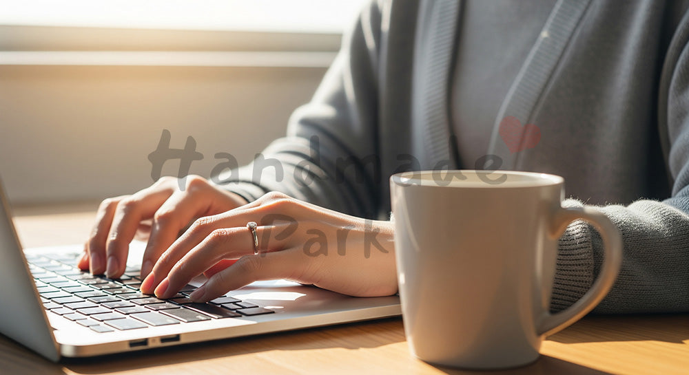 フリー素材 無料 写真｜20代日本人女性の手元 マグカップとPC作業 余白｜ブログやコラムの差し込みに使いやすい