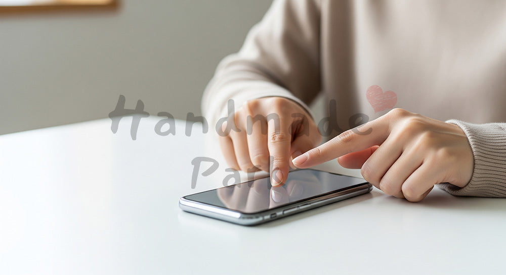 フリー素材 無料 写真｜20代日本人女性の手元 スマホ長押し操作 無地画面｜商品ページの挿し絵に便利な余白背景
