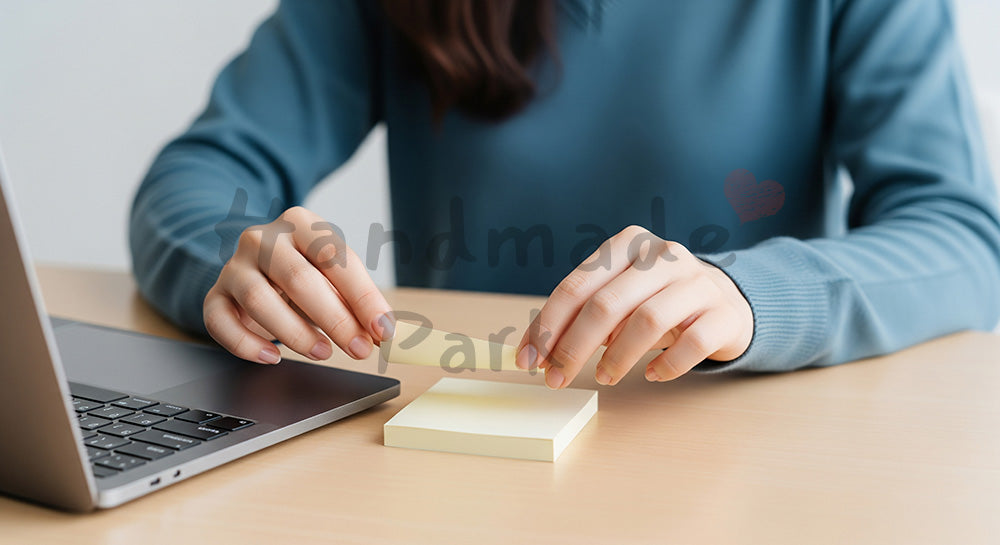 フリー素材 無料 写真｜20代日本人女性の手元 付箋でタスク整理 余白｜作品紹介・告知に使える写真素材