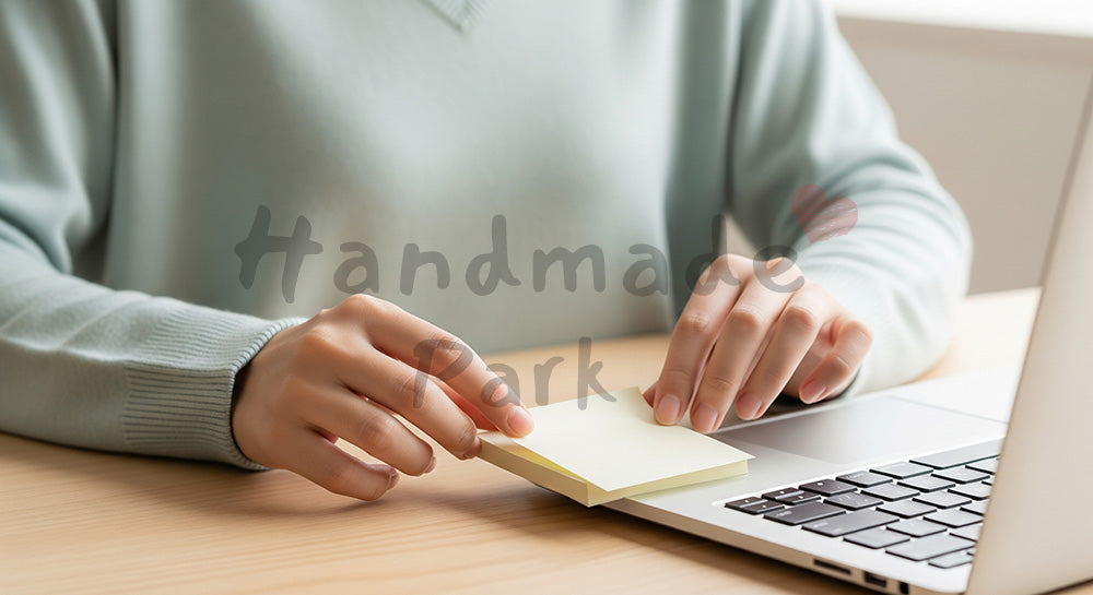 フリー素材 無料 写真｜20代日本人女性の手元 付箋でタスク整理 余白｜SNS投稿・バナー向けイメージ写真
