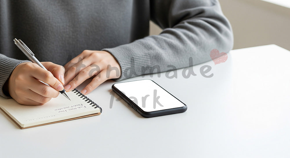 フリー素材 無料 写真｜20代日本人女性の手元 メモ書きとスマホ 余白｜作品紹介・告知に使える写真素材