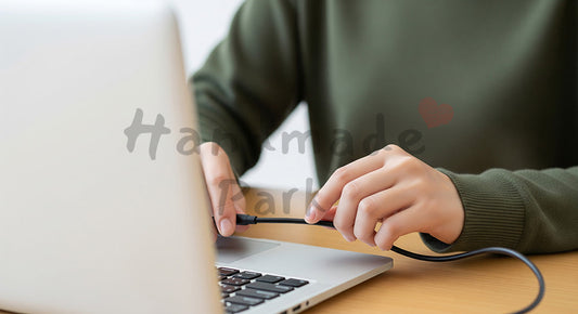 フリー素材 無料 写真｜20代日本人女性の手元 PCセットアップ 接続作業｜作品紹介・告知に使える写真素材