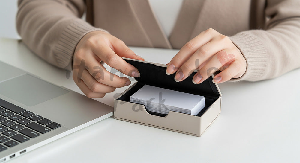 フリー素材 無料 写真｜20代日本人女性の手元 名刺準備 ビジネスシーン｜作品紹介・告知に使える写真素材