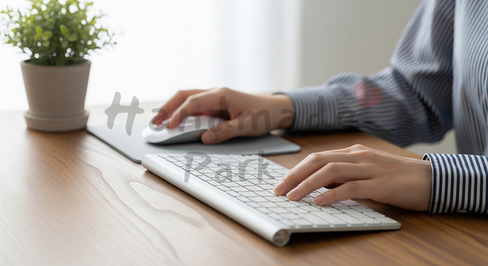 フリー素材 無料 写真｜20代日本人女性の手元 マウスとPC作業 観葉植物｜SNS投稿・バナー向けイメージ写真