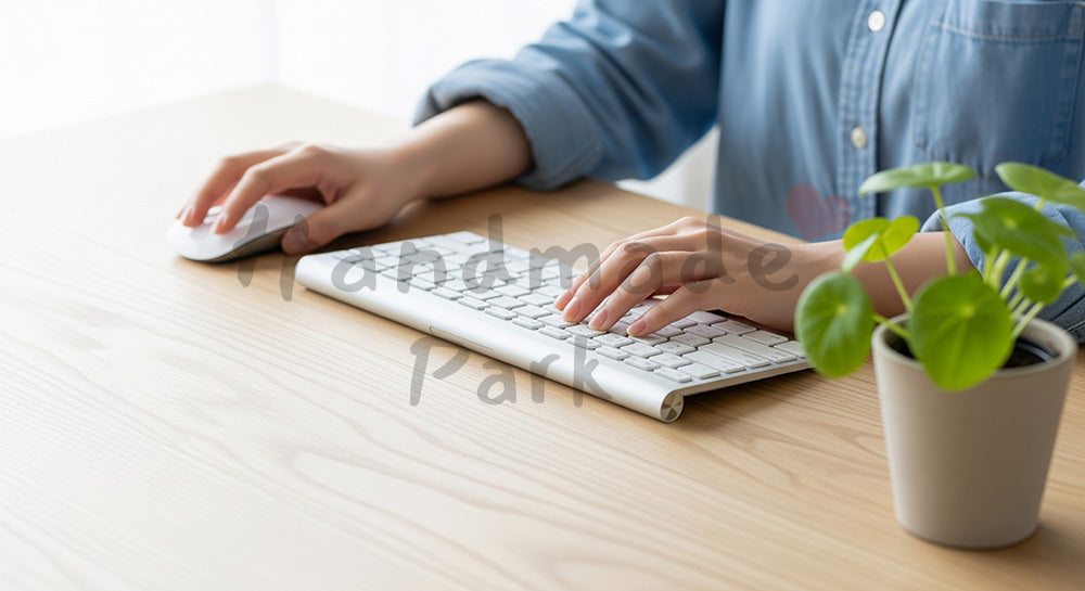 フリー素材 無料 写真｜20代日本人女性の手元 マウスとPC作業 観葉植物｜ブログやコラムの差し込みに使いやすい