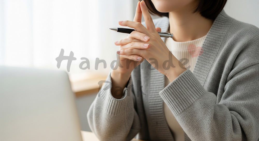 フリー素材 無料 写真｜20代日本人女性の手元 考えるポーズ 作業中の間｜SNS投稿・バナー向けイメージ写真
