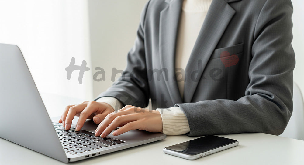 フリー素材 無料 写真｜20代日本人女性の手元 集中タイピング スマホ伏せ置き｜SNS投稿・バナー向けイメージ写真