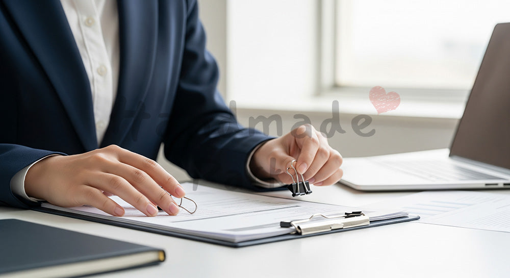 フリー素材 無料 写真｜20代日本人女性の手元 書類整理 事務作業 余白｜SNS投稿・バナー向けイメージ写真