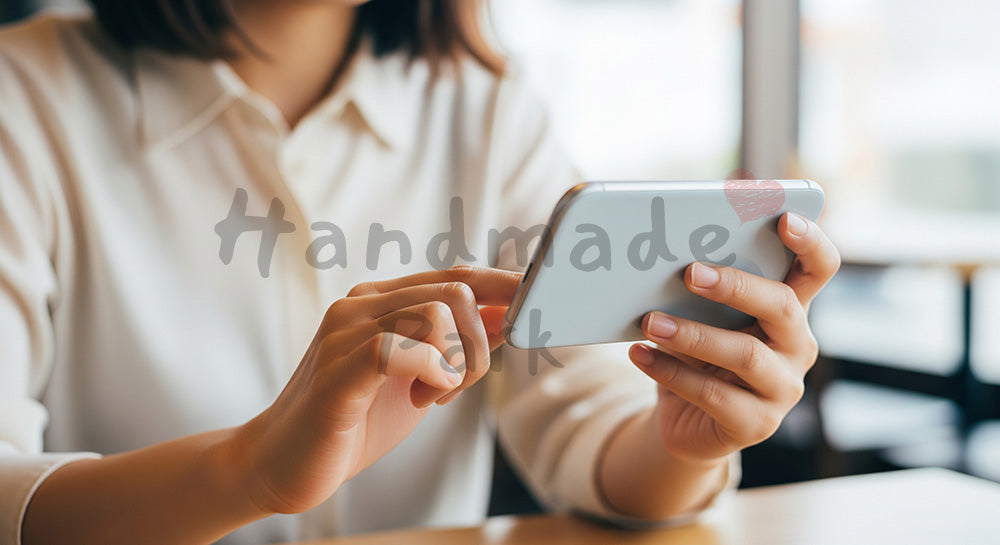 フリー素材 無料 写真｜20代日本人女性の手元 両手スマホ操作 カフェ風｜商品ページの挿し絵に便利な余白背景