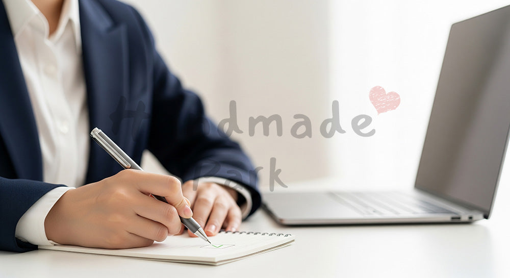 フリー素材 無料 写真｜20代日本人女性の手元 チェック作業 メモとPC｜SNS投稿・バナー向けイメージ写真