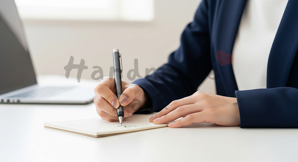 フリー素材 無料 写真｜20代日本人女性の手元 チェック作業 メモとPC｜ブログやコラムの差し込みに使いやすい