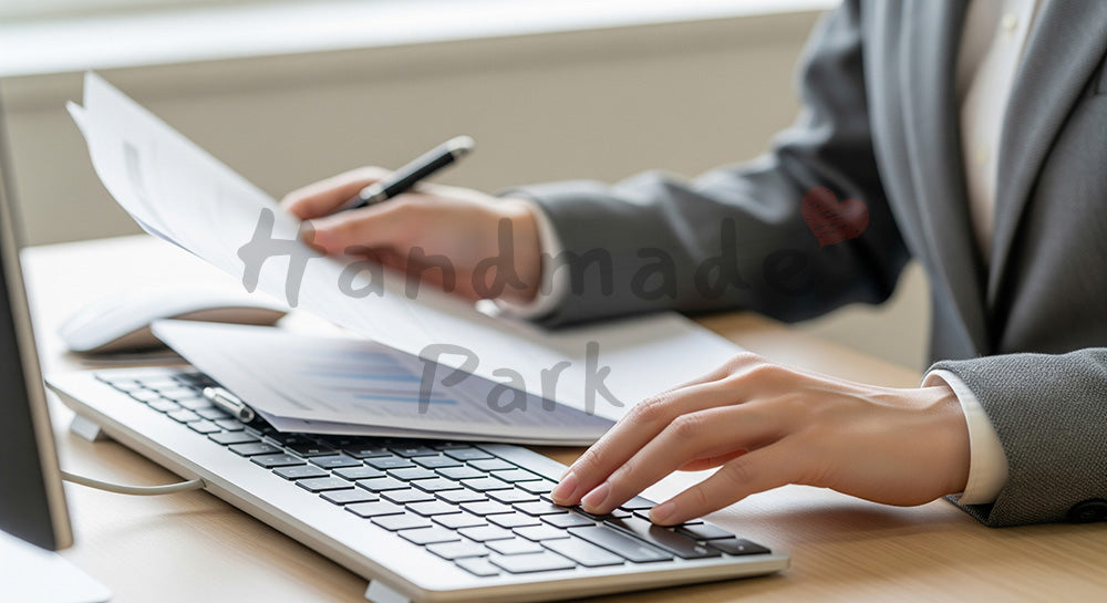 フリー素材 無料 写真|20代日本人女性の手元 資料確認とPC入力 余白|商品ページの挿し絵に便利な余白背景